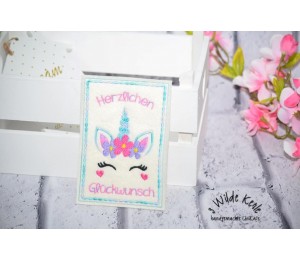Stickdatei ITH - Postkarte Dreaming Unicorn Herzlichen Glückwunsch